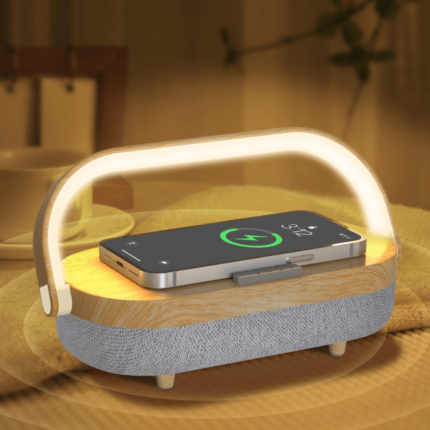 4 in 1 Bedside Table Lamp with Wireless Charger, Bluetooth Speaker, Phone Holder