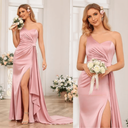 Water Dress One Shoulder Satin Bridesmaid Dress Long for Women Sleeveless Ruched Formal Dress with Split