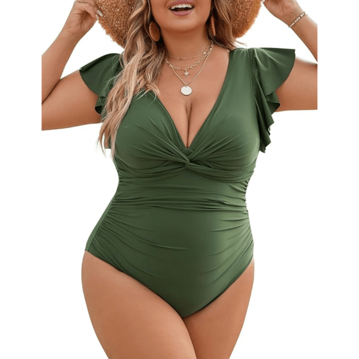 Women Plus Size One Piece Swimsuit V Neck Modest Tummy Control Bathing Suits Lace Up Slimming Swim Suit