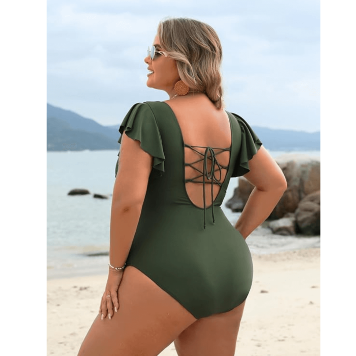 Women Plus Size One Piece Swimsuit V Neck Modest Tummy Control Bathing Suits Lace Up Slimming Swim Suit