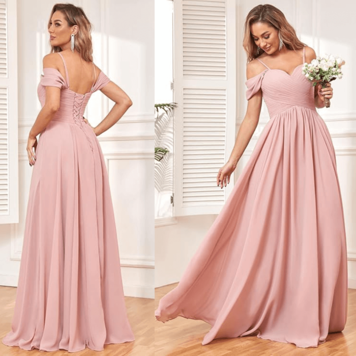 Women’s Off The Shoulder Bridesmaid Dresses with Pockets Long Chiffon Pleated Formal Evening Gown