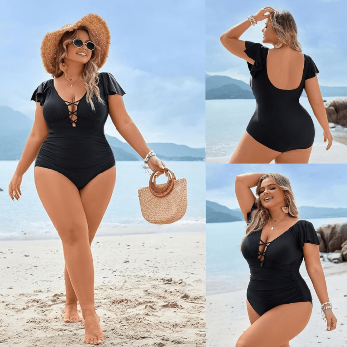 Women's Plus Size One Piece Swimsuit Tummy Control Bathing Suit Vintage V Neck Swimwear