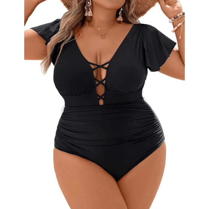 Women's Plus Size One Piece Swimsuit Tummy Control Bathing Suit Vintage V Neck Swimwear