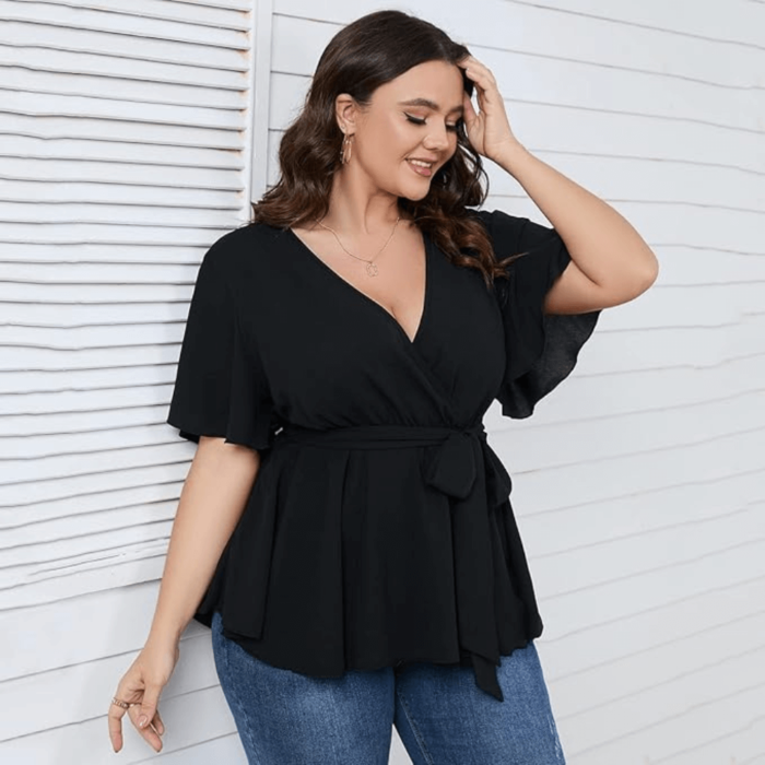 Women's Plus Size Short Sleeve V Neck Wrap Belted Ruffle Peplum Blouse Tops